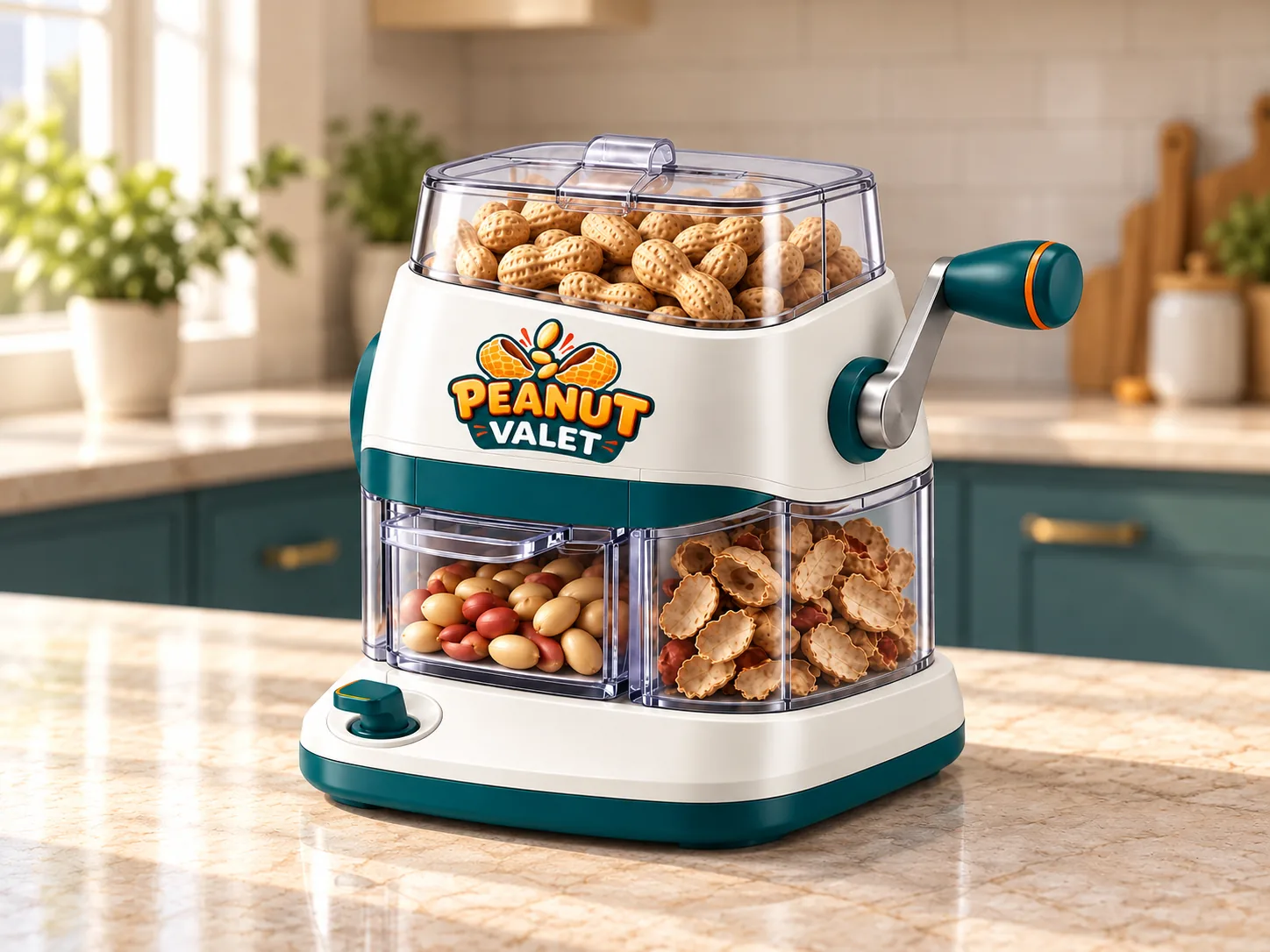Peanut Valet design showing the complete hopper lid, right-side hand crank and two collection drawers.