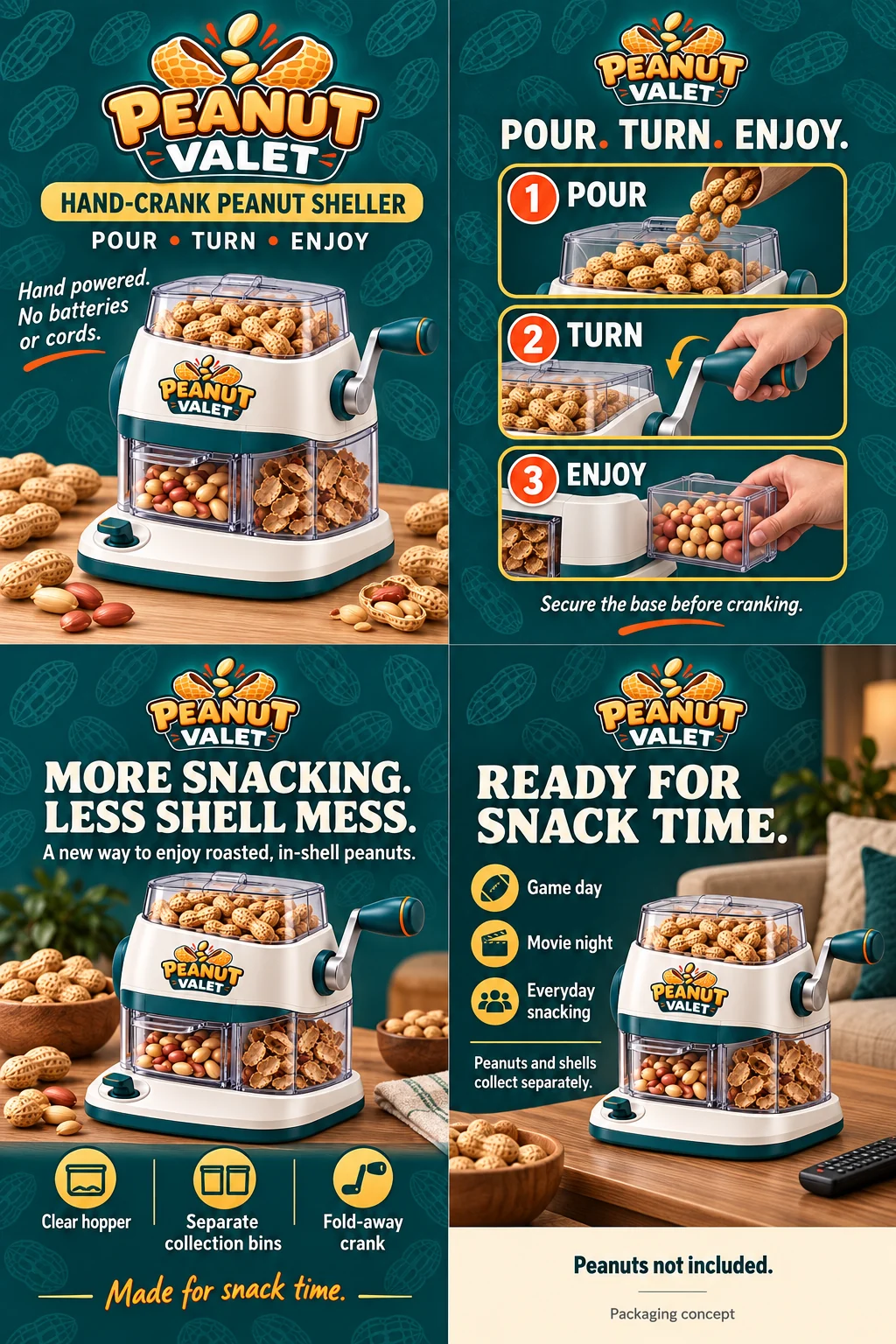 Peanut Valet packaging concept showing branded artwork, Pour Turn Enjoy instructions, product features, and snack-time scenes.